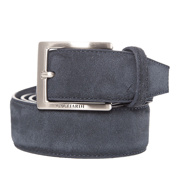 NAVY SUEDE LEATHER BELT WITH BRANDING ON BUCKLE