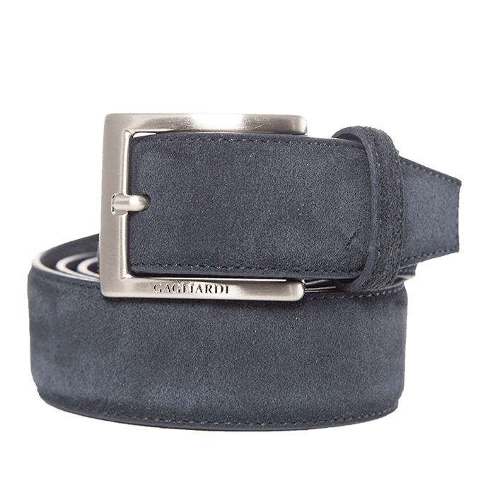 NAVY SUEDE LEATHER BELT WITH BRANDING ON BUCKLE